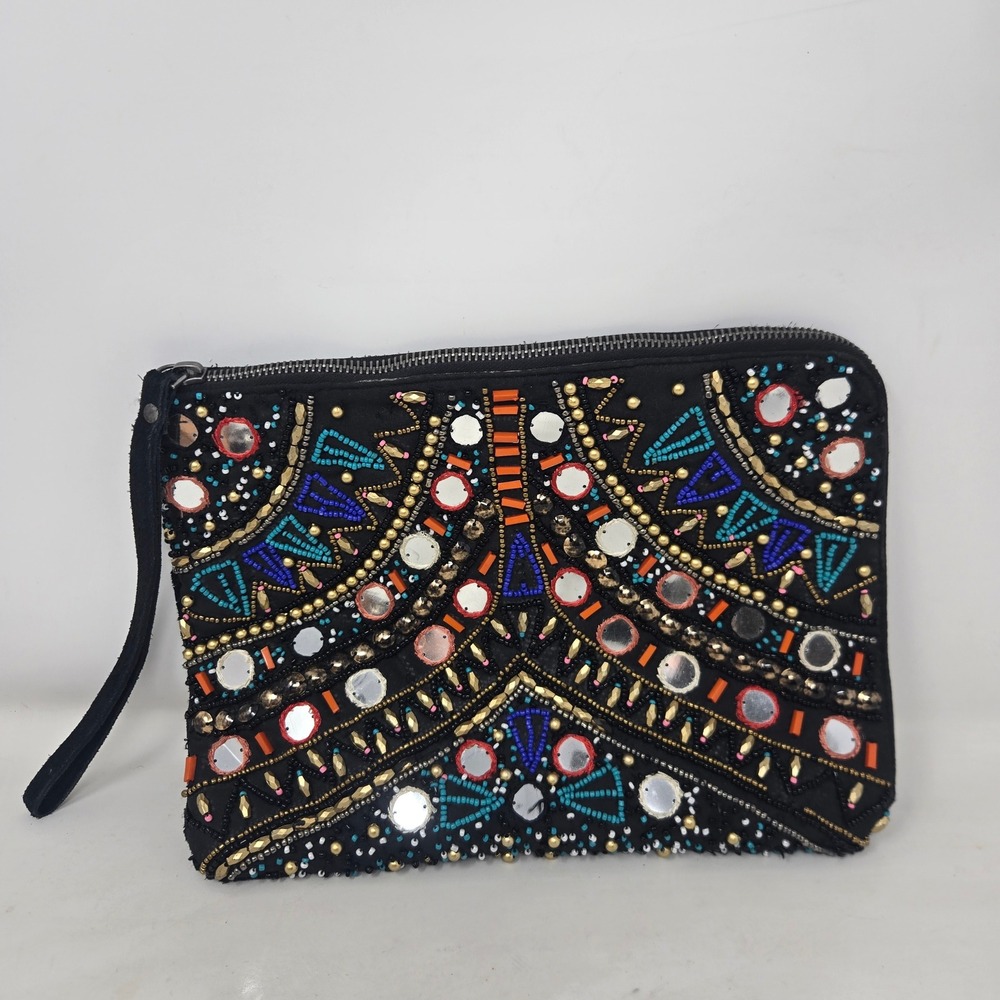 Pull‎ & Bear Black Suede Beaded Mirror Embroidered Boho Wristlet Clutch Bag